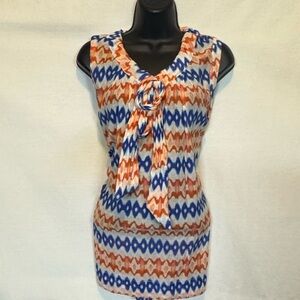 F-99 Merona Blue Orange &‎ White Sleeveless Pullover Summer Blouse Size XL